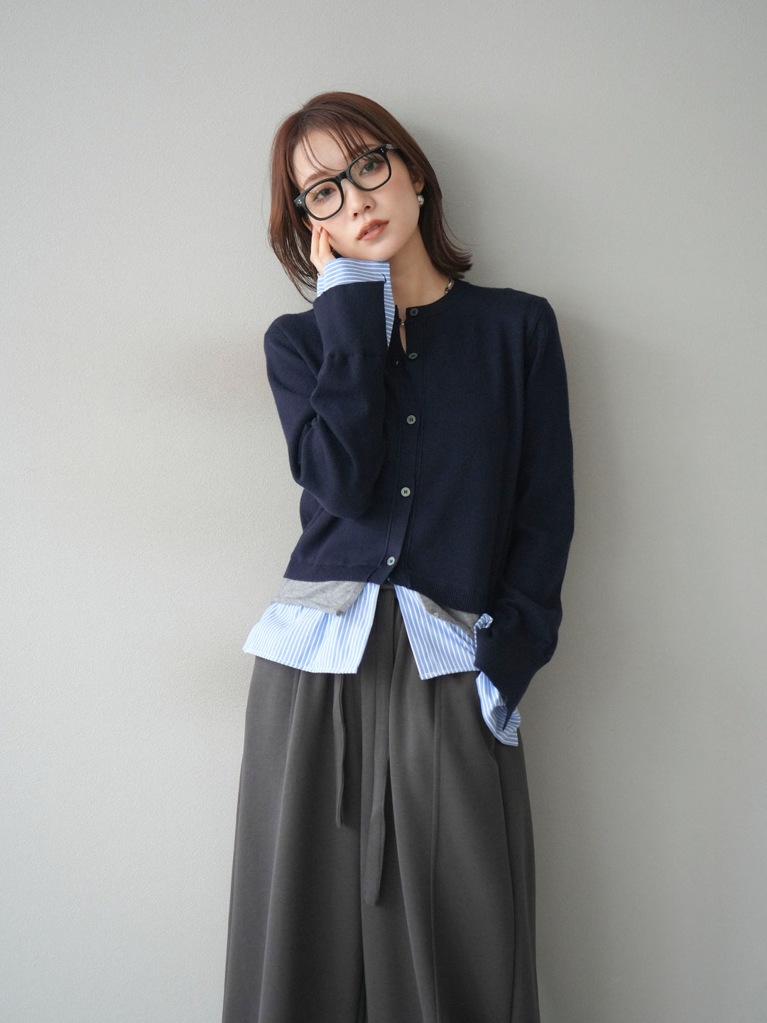 [予約]シャツ襟レイヤードニットカーディガン/navy