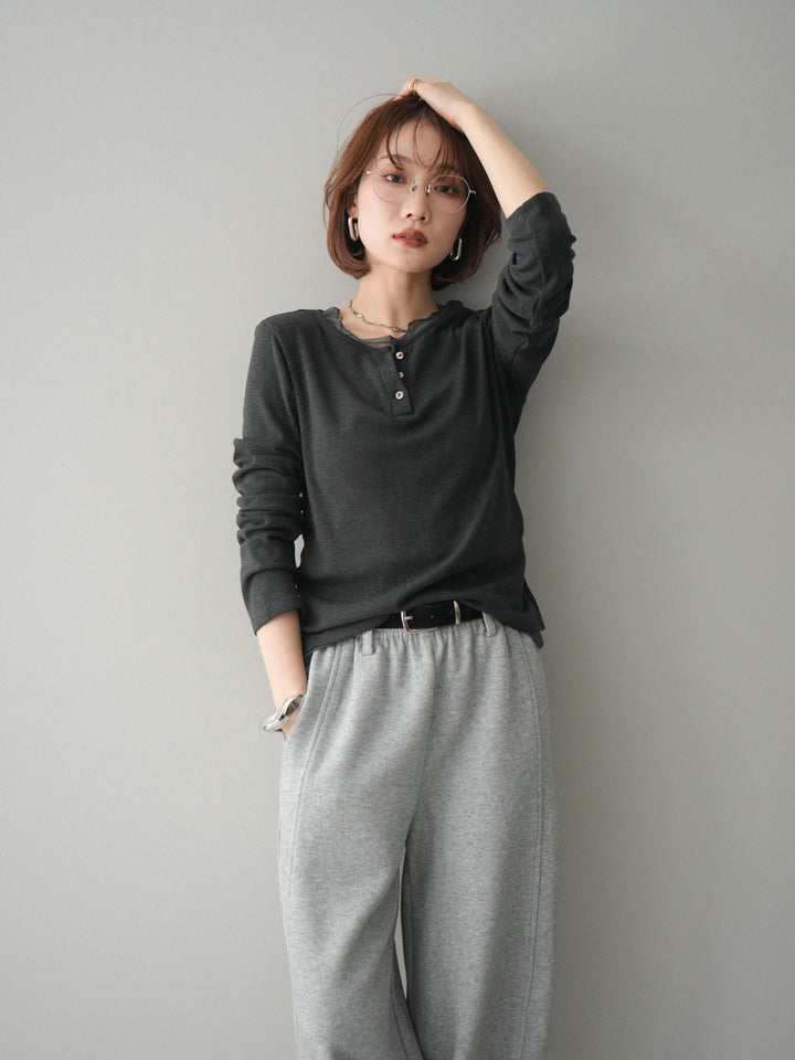 [予約]チュールレイヤードヘンリーネックカットソー/charcoal