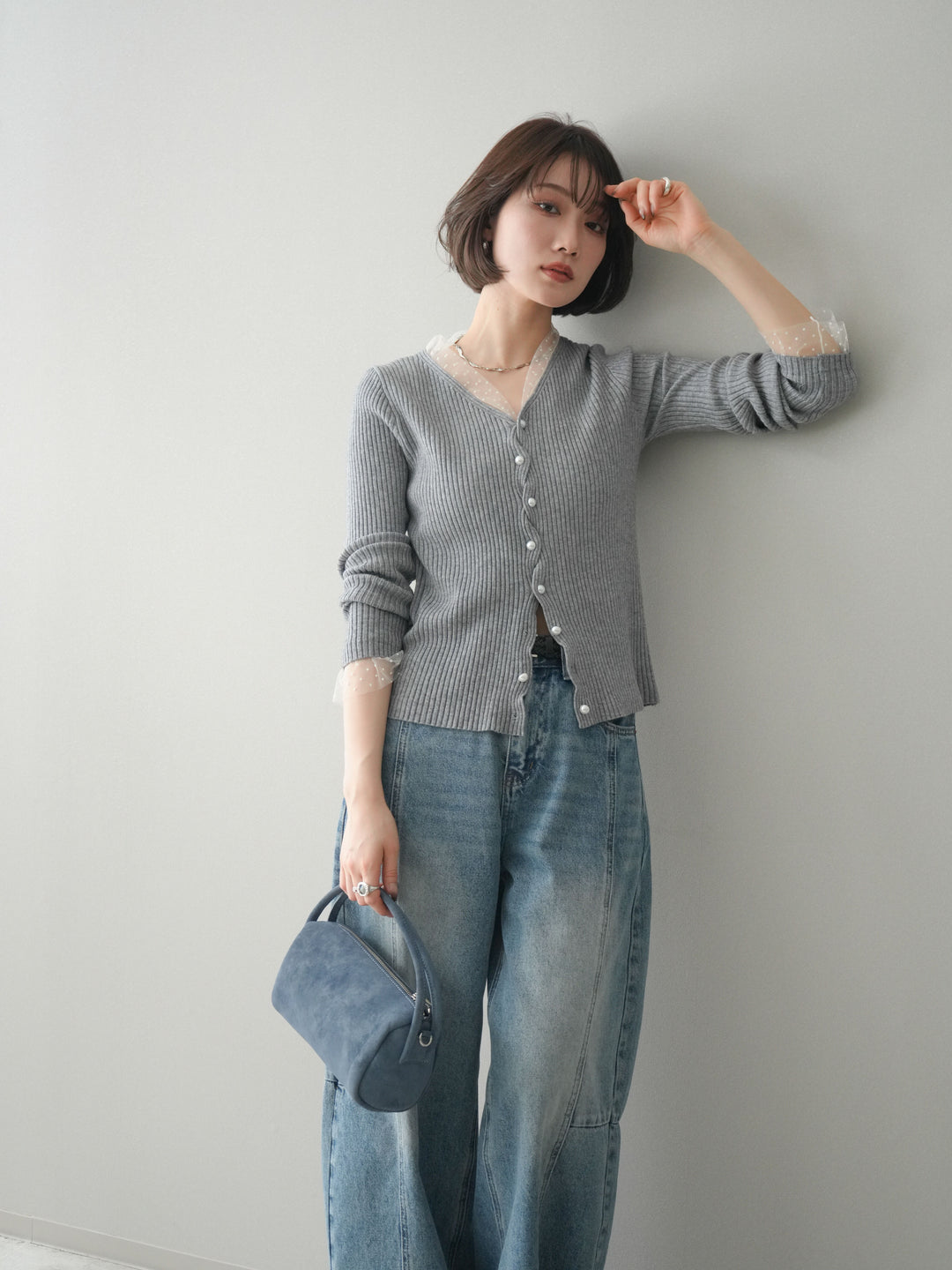 [予約]チュールドッキングパールボタンニットカーディガン/gray