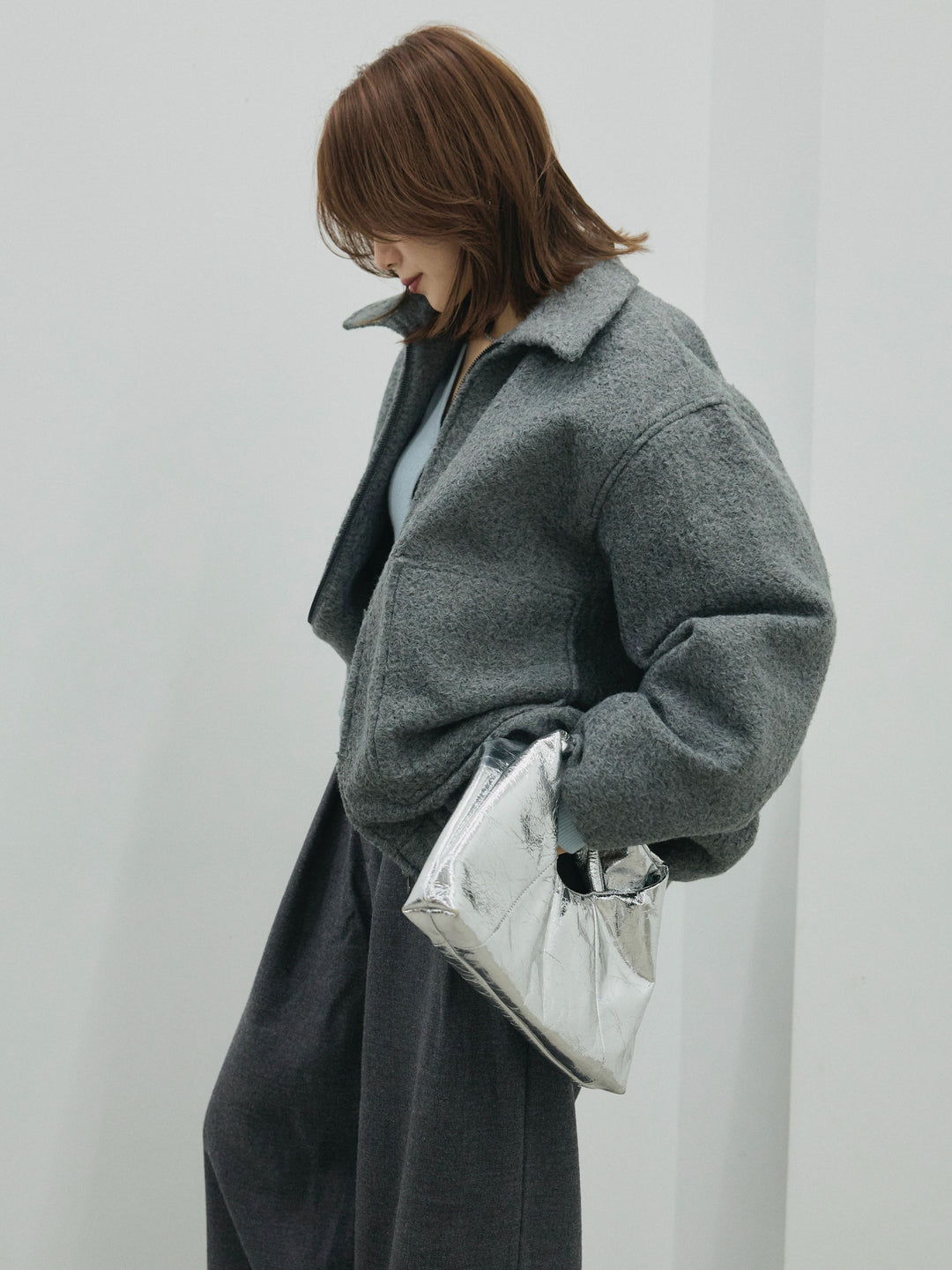 【Allure】[SET]スタンドカラーシャギーフライトジャケット+ループデザインツイルワイドパンツ(2set)