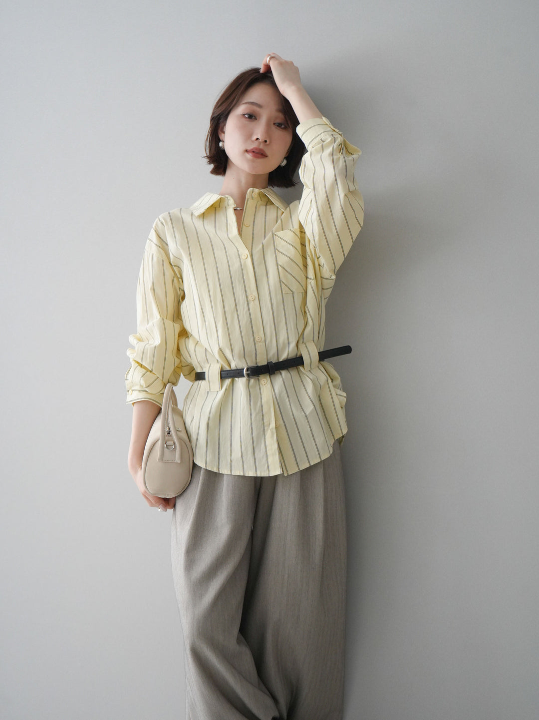 [予約]ベルト付ストライプロングシャツ/yellow