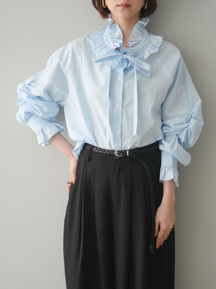 [予約]フリルネックギャザーブラウス/blue