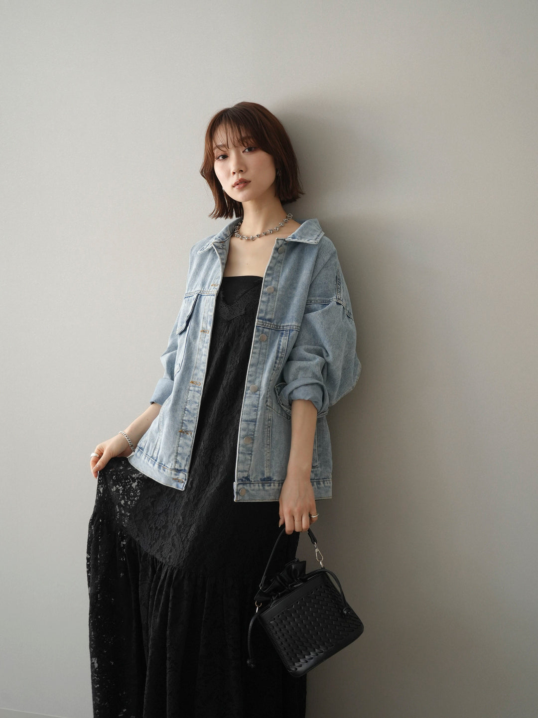 [予約]ギャザー切替レースキャミワンピース/black