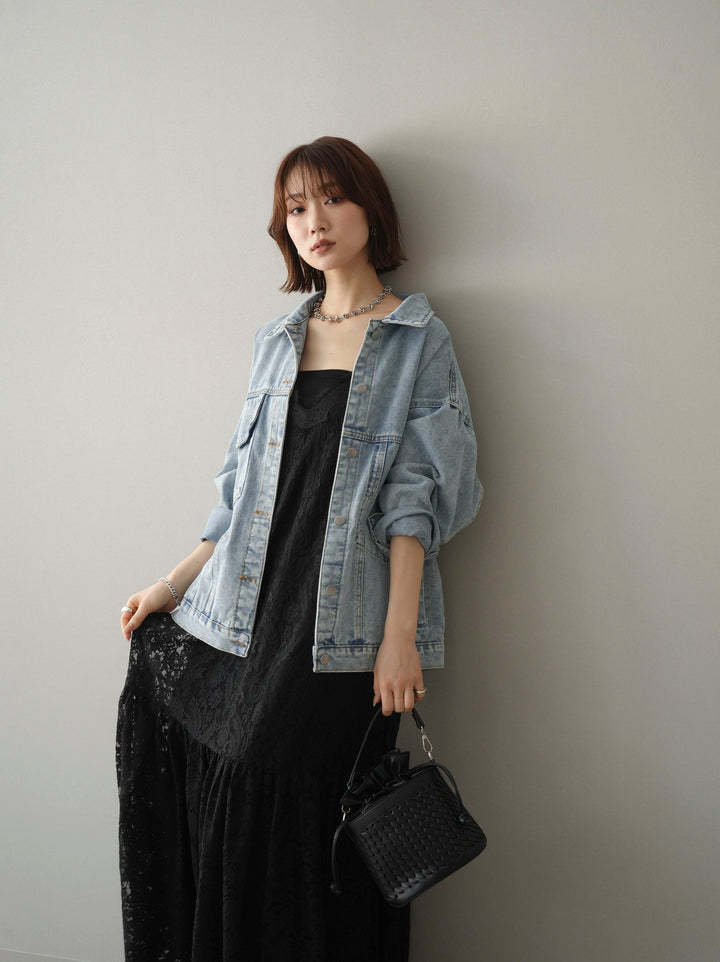 [予約]ギャザー切替レースキャミワンピース/black