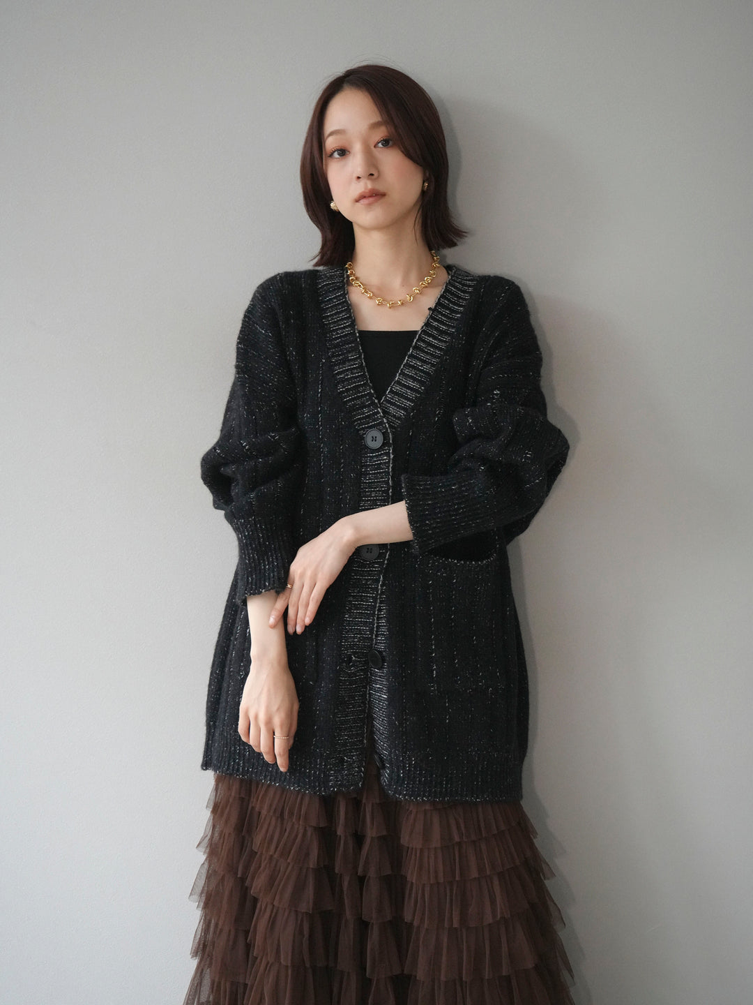[予約]プレーティングオーバーニットカーディガン/black