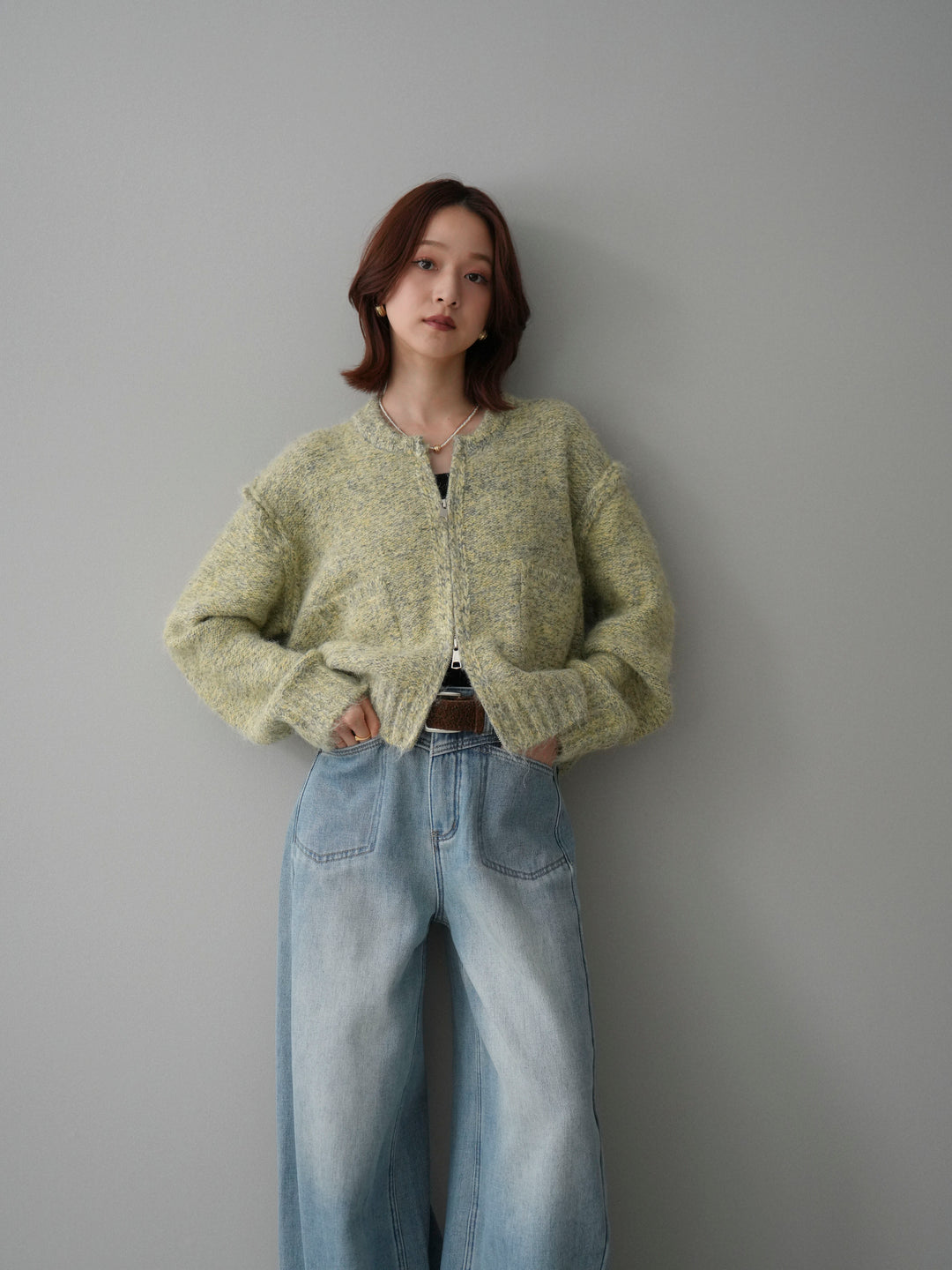 [SET]ミックスヤーンダブルZIPニットカーディガン+ベルト付裏起毛カーブデニムパンツ(2set)