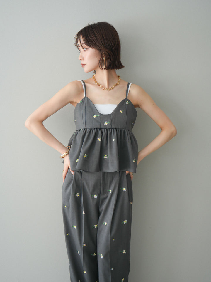 [SET]フラワー刺繍ビスチェ+フラワー刺繍タックパンツ(2set)
