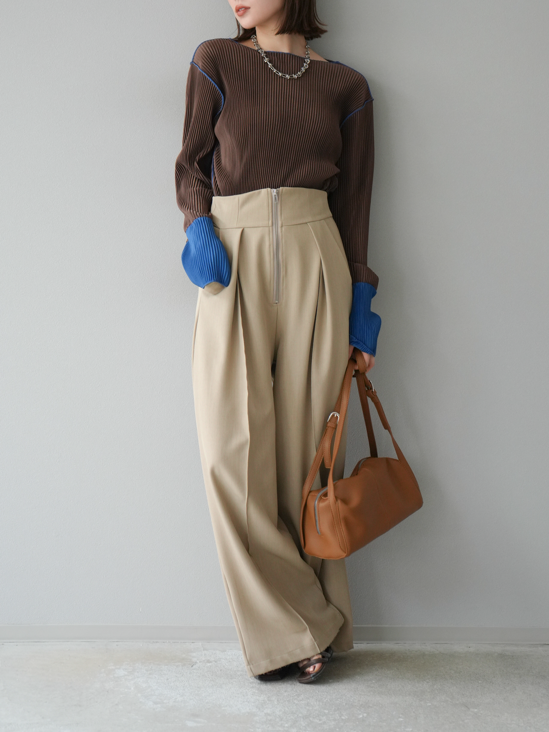 [予約]バイカラープリーツトップス/ブラウン