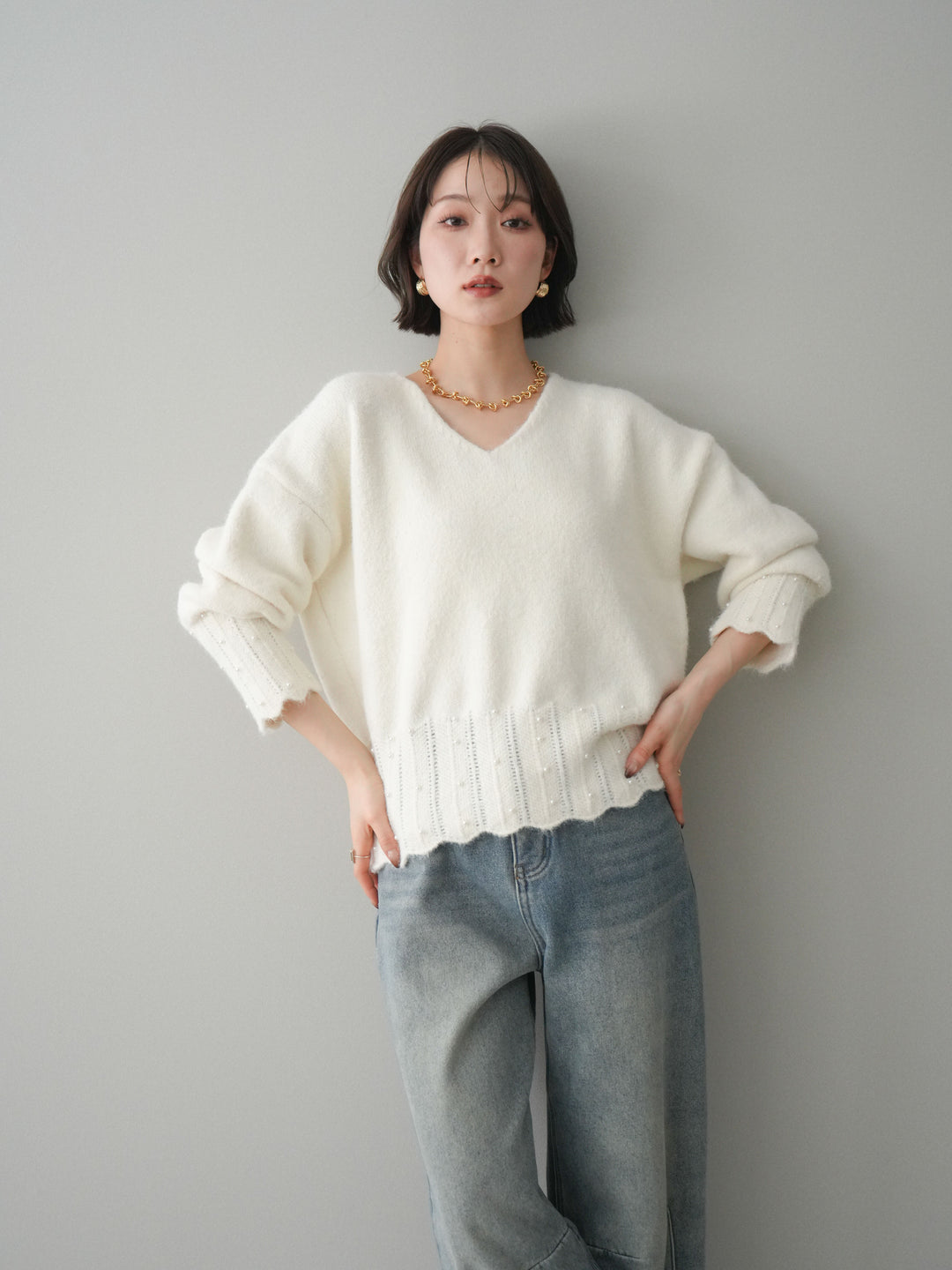 [SET]パールフリルリブヘムニットプルオーバー+選べるアクセセット(2set)