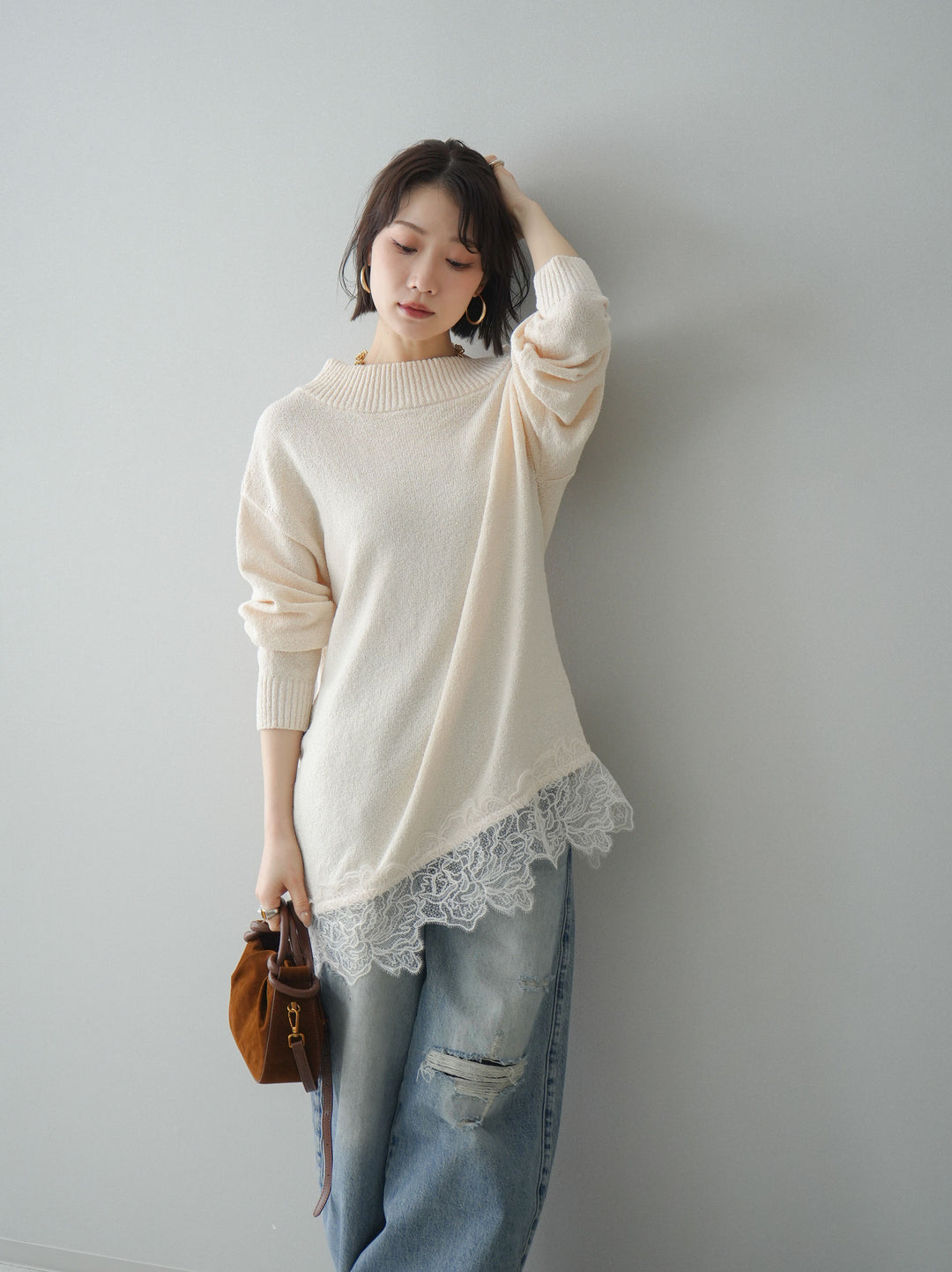 [SET]アシンメトリーレースヘムニットプルオーバー+選べるアクセセット(2set)