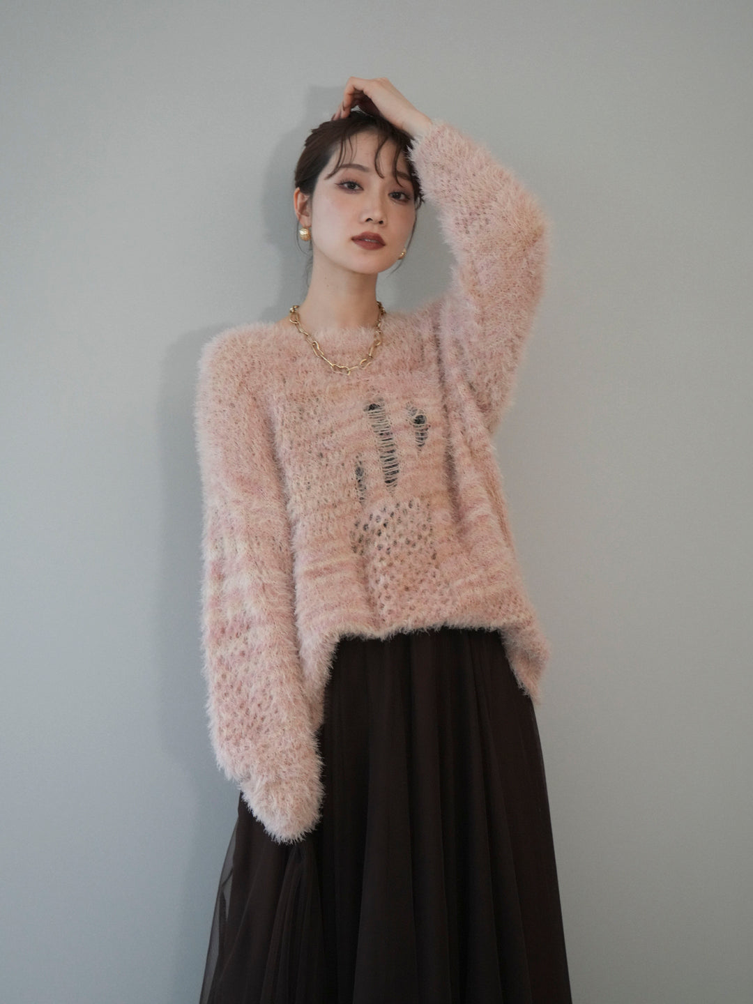 [予約]ミックスシャギールーズニットプルオーバー/pink