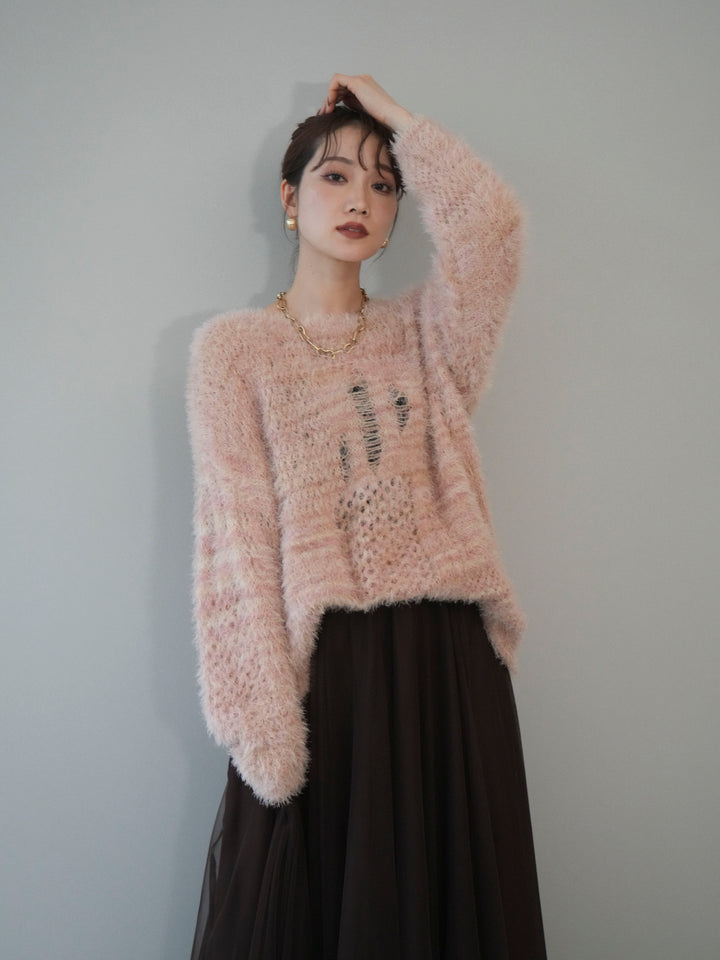[予約]ミックスシャギールーズニットプルオーバー/pink