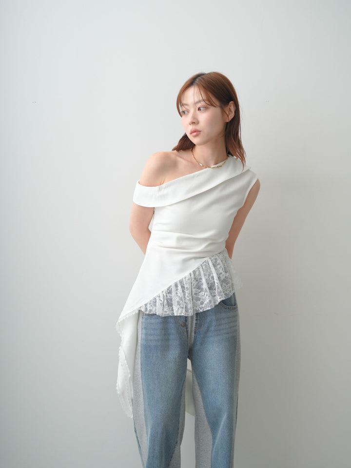 [SET]アシンメトリーラッフルレースヘムトップス+デニム切替スウェットパンツ(2set)