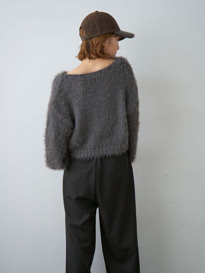 [予約]Vネックシャギークロップニットトップス/charcoal