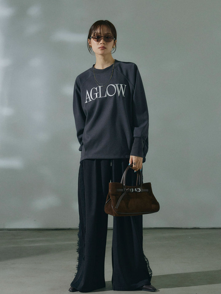 【Allure】[SET]ブークレダンボールロゴ刺繍プルオーバー+サイドピンタックレースイージーワイドパンツ(2set)