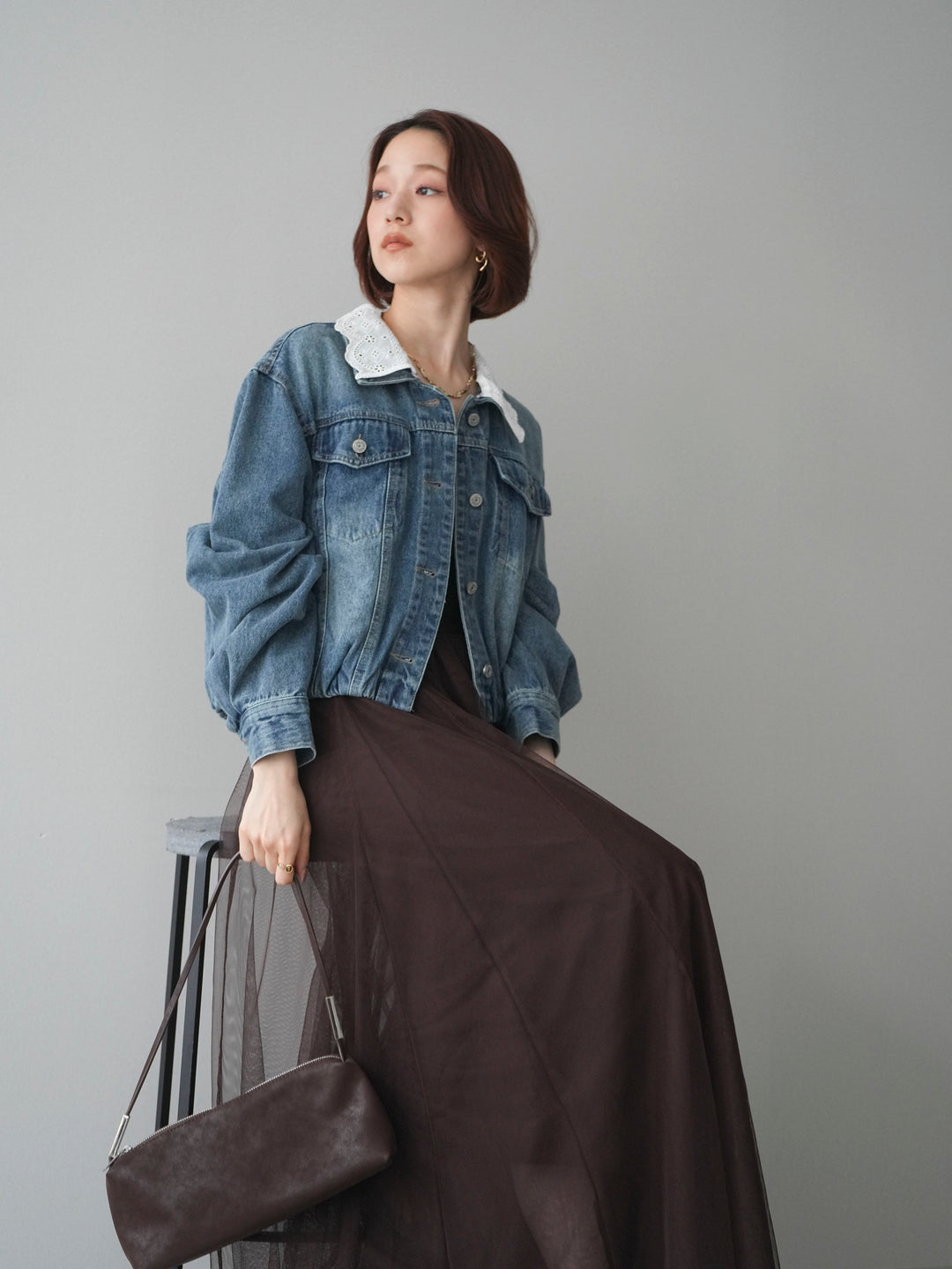 [予約]襟レースデニムショートジャケット/indigo