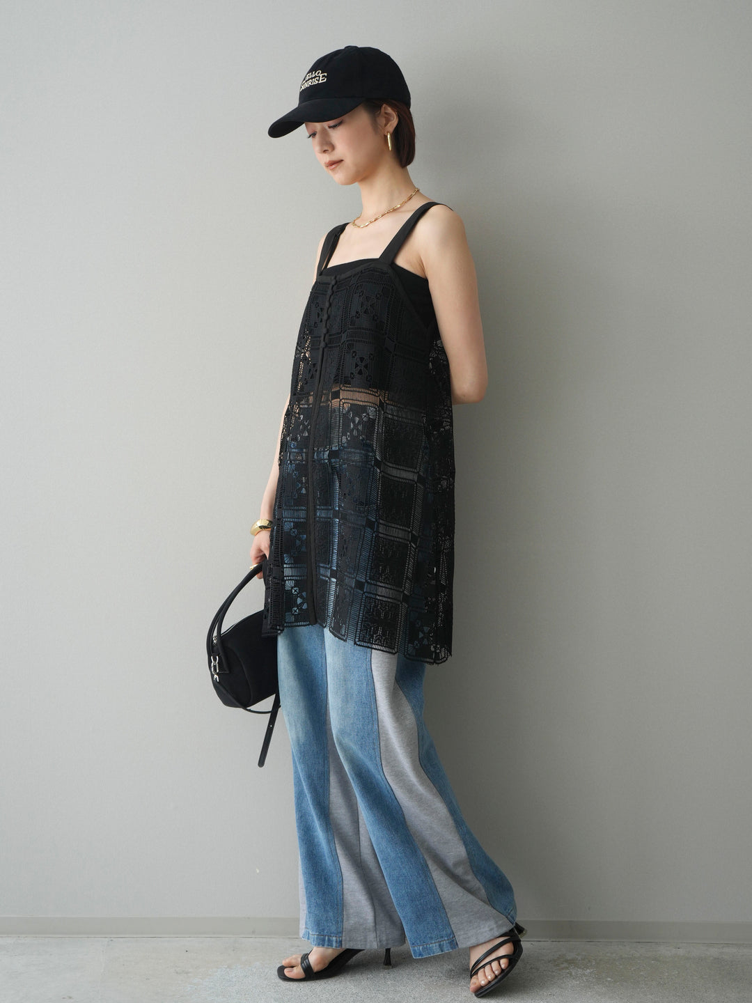 [SET]配色パネルレースキャミソール+デニム切替スウェットパンツ(2set)