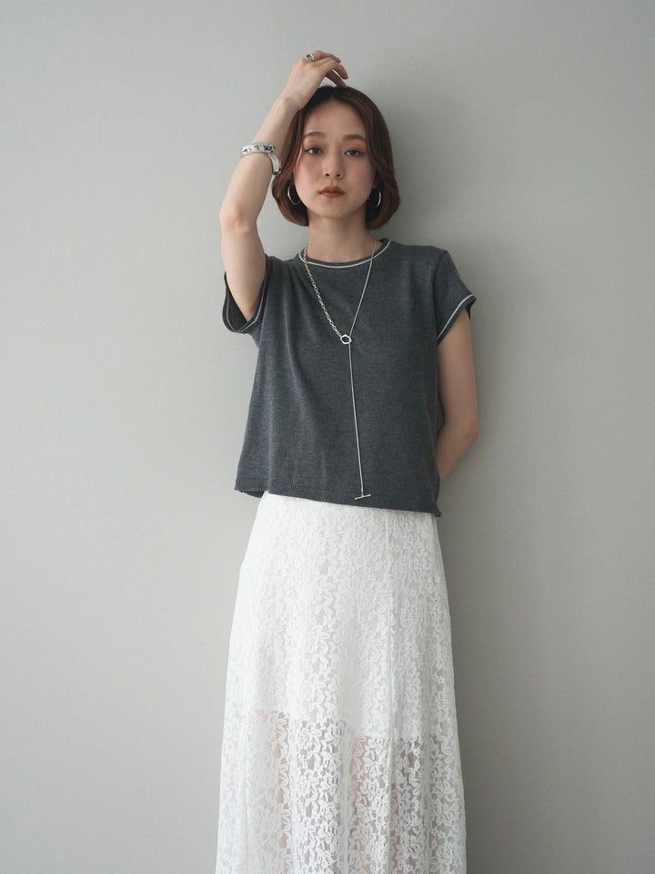 [SET]配色ハーフスリーブニットトップス+配色ハーフスリーブニットトップス(2set)