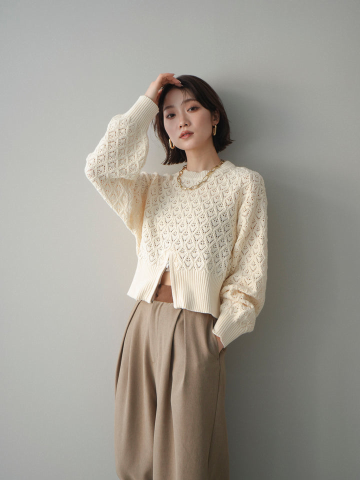 [予約]透かし編みフロントジップスリットニットプルオーバー/ivory