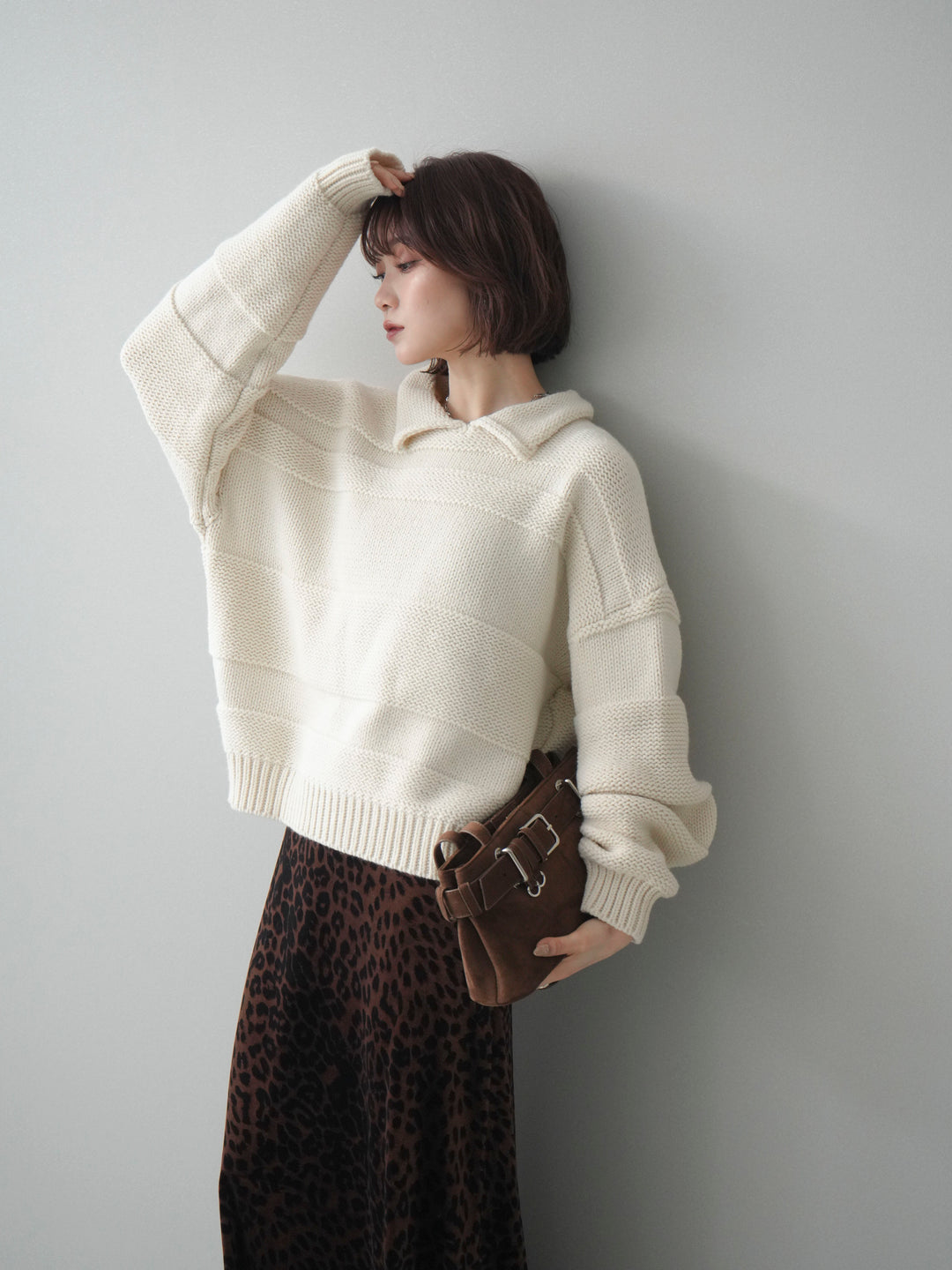 [SET]襟付きボーダー編みニットプルオーバー+選べるアクセセット(2set)