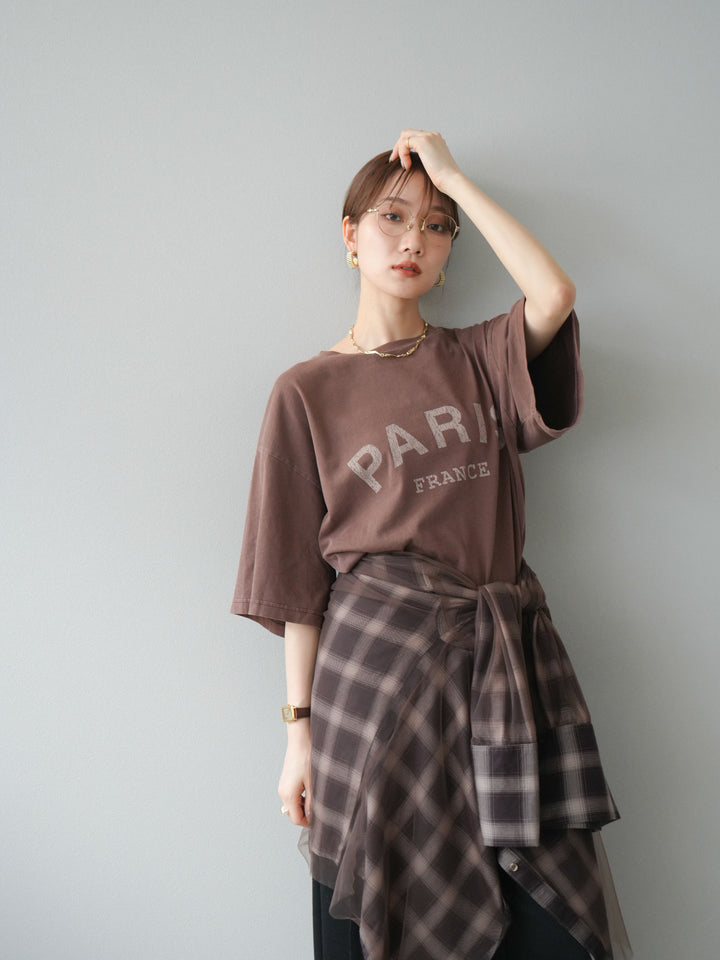 [SET]ピグメントロゴプリントTシャツ+2WAYデザインスウェットパンツ+チュールドッキングチェック柄オーバーサイズシャツ(3set)