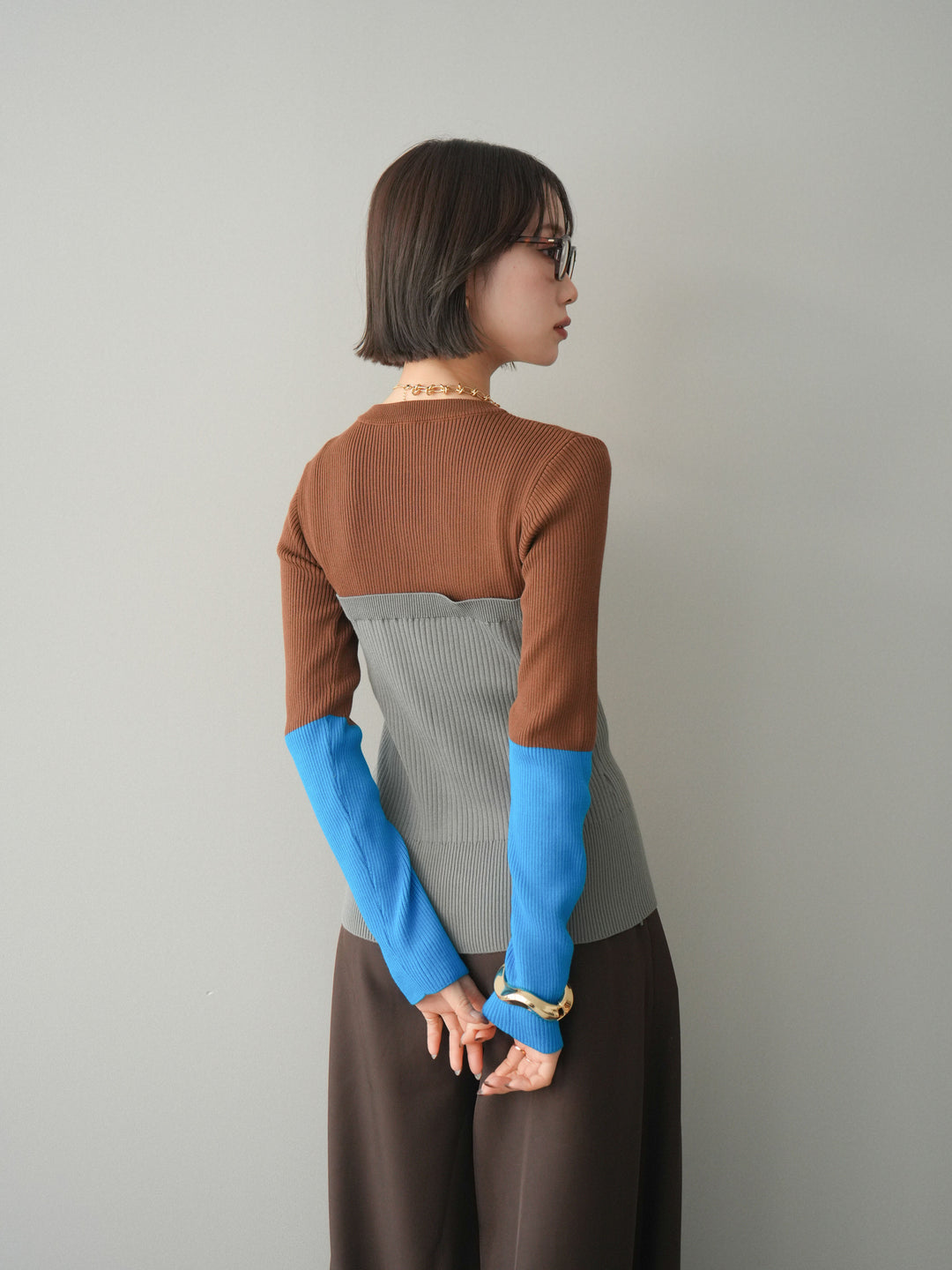 [SET]配色ビスチェドッキングリブニットトップス+選べるアクセセット(2set)