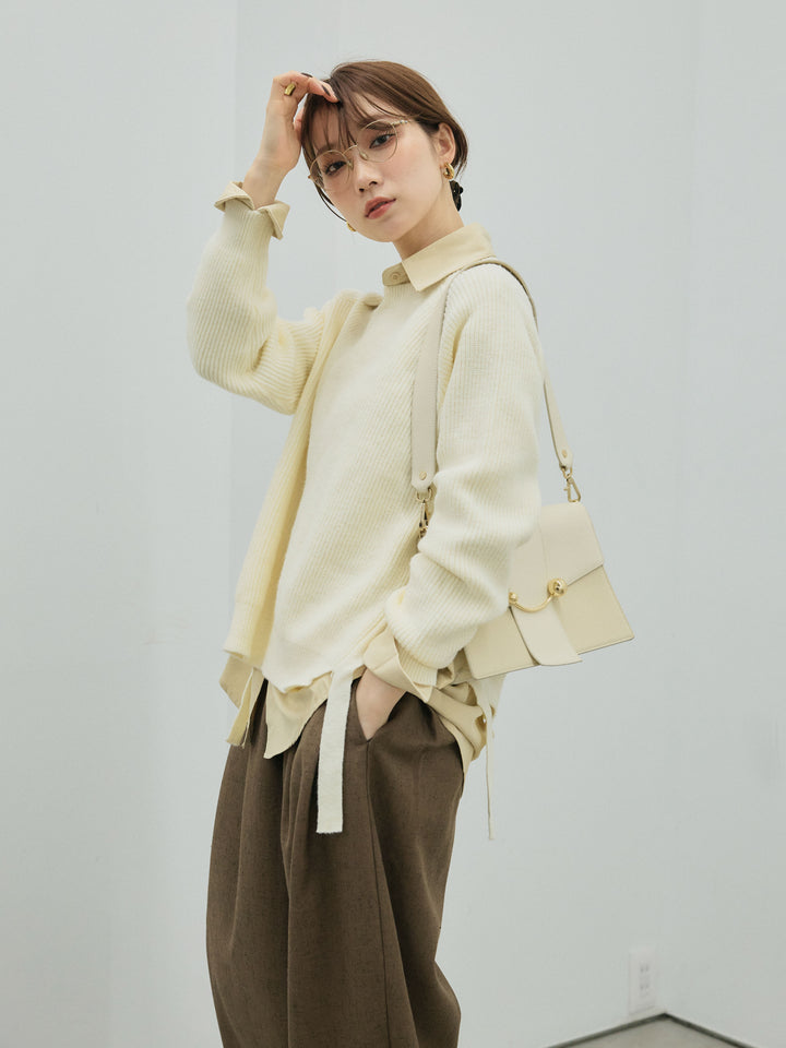 【Allure】[SET]サイドスリット畦編みニットプルオーバーシャツアンサンブル+サイドスリット畦編みニットプルオーバーシャツアンサンブル(2set)