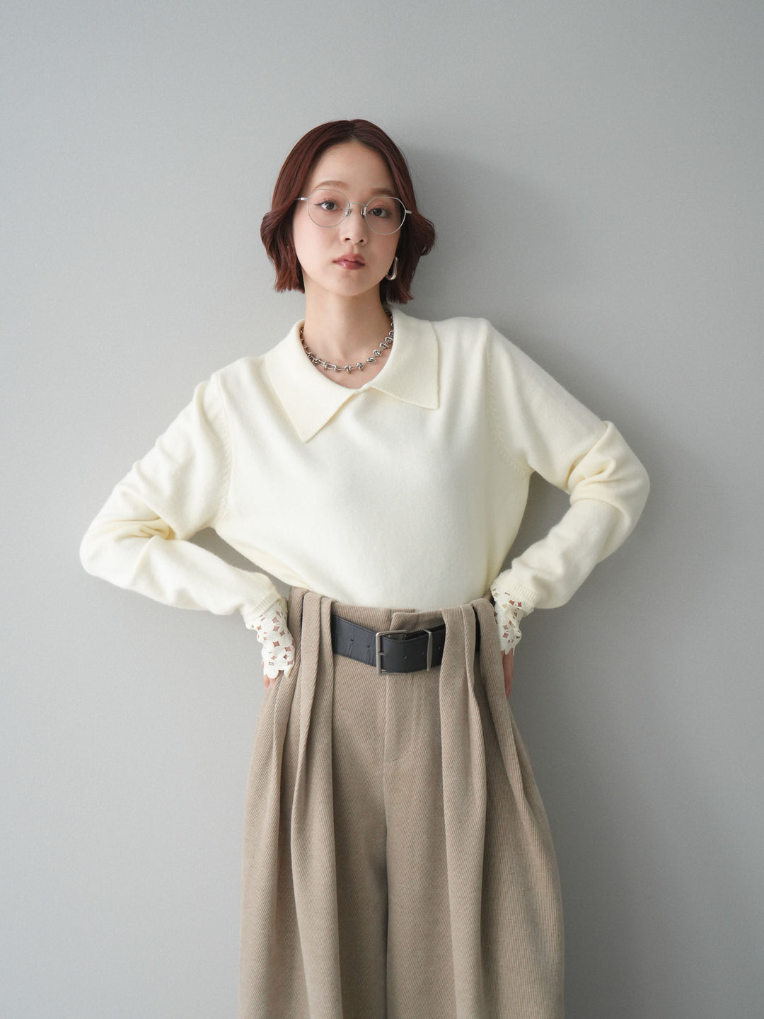 [SET]スカラップレース袖襟付きニットトップス+選べるアクセセット(2set)