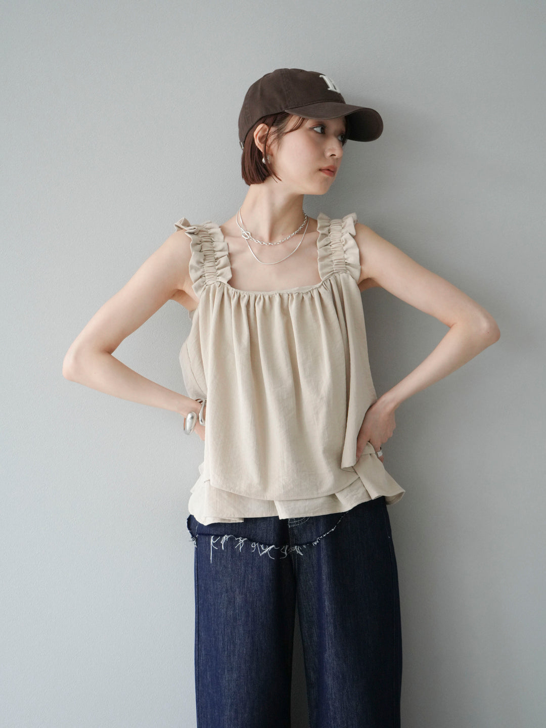 [SET]ギャザーショルダーフレアタンクトップ+ギャザーショルダーフレアタンクトップ(2set)