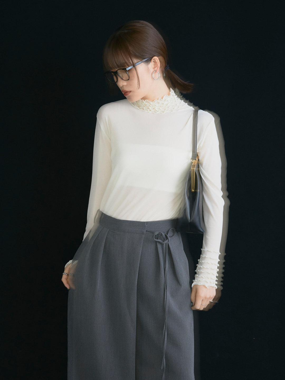 【Allure】[SET]シアーフリルメロートップス+ラップデザインタックワイドパンツ(2set)