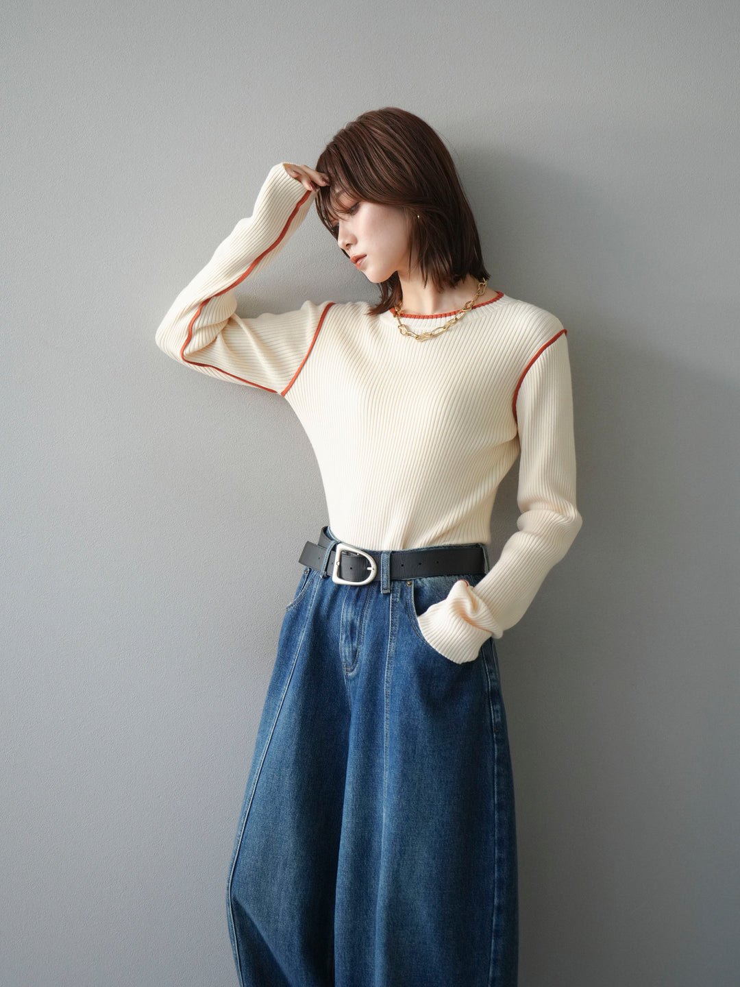 [予約]バイカラークルーネックリブニットトップス/ivory