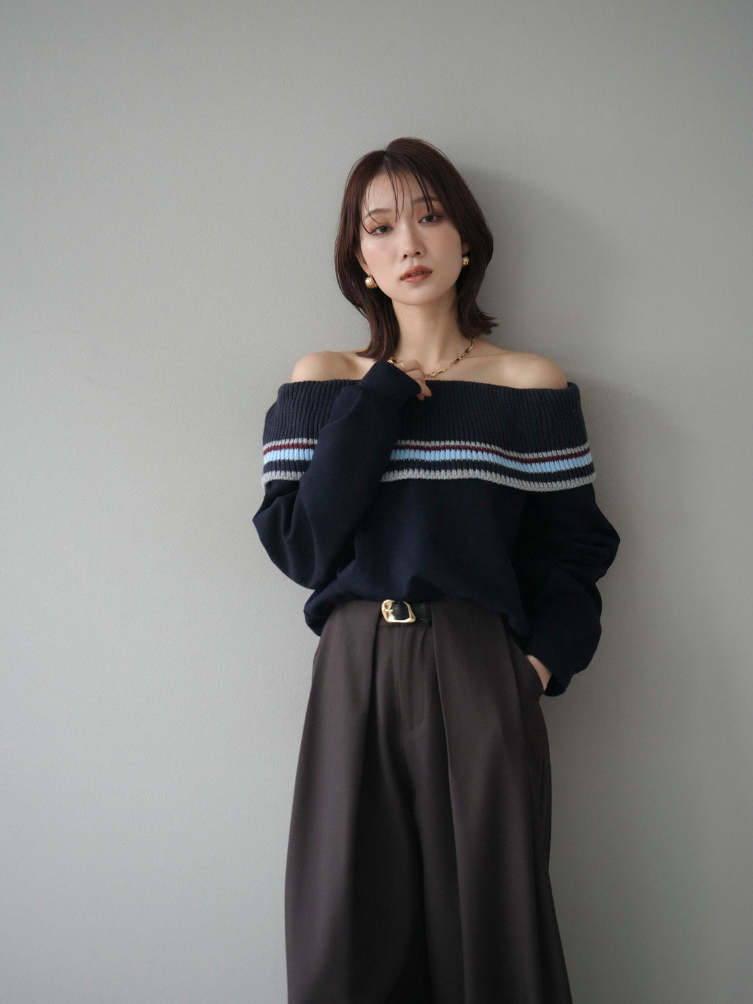 [予約]ボーダーニットオフショルダーxスウェットプルオーバー/navy
