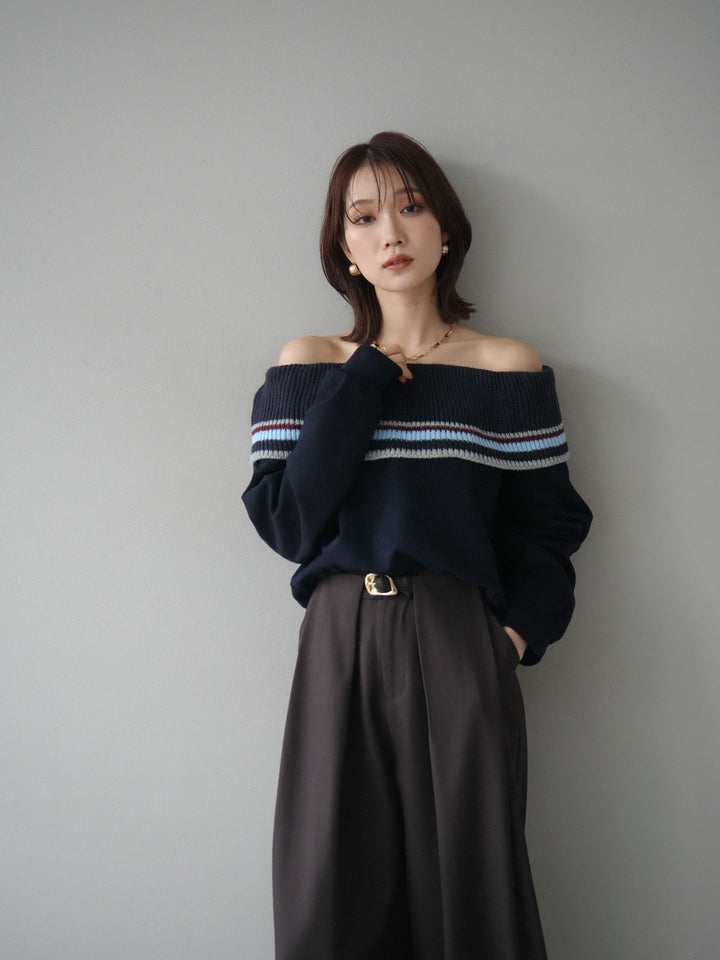[予約]ボーダーニットオフショルダーxスウェットプルオーバー/navy