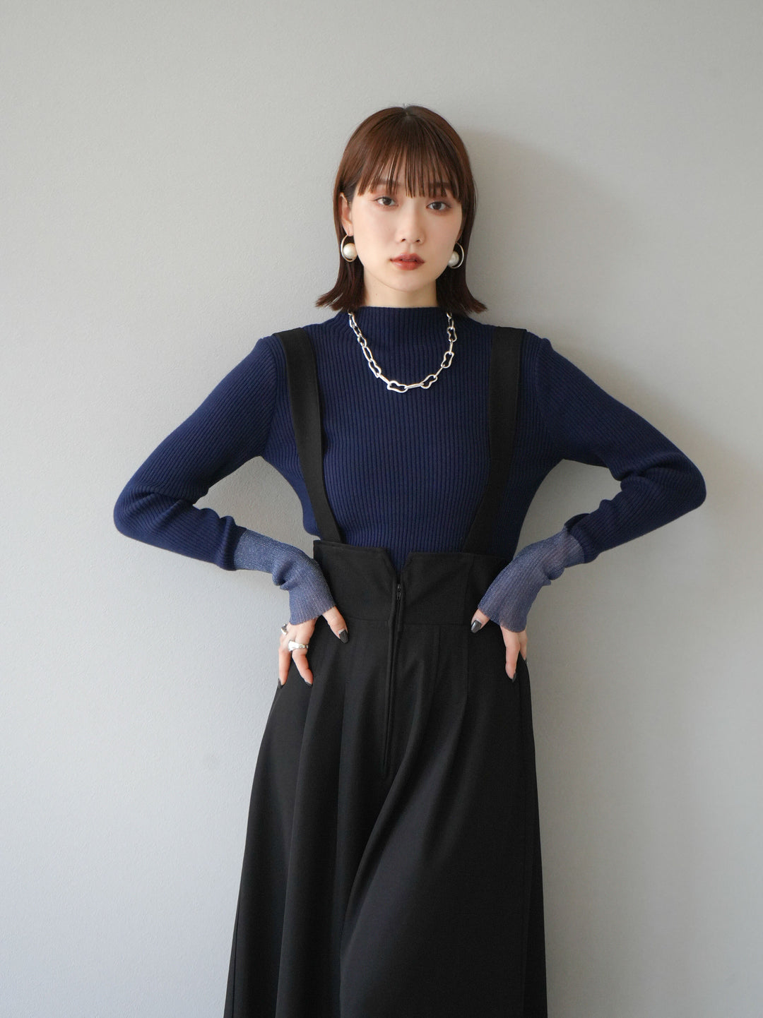 [予約]袖ラメシアー切替リブニットトップス/ネイビー
