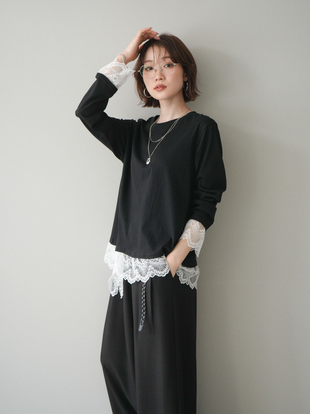 [予約]裾レースコンビカットソー/black