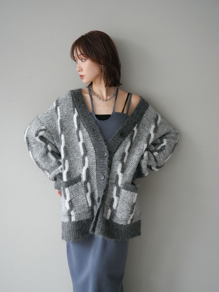 [予約]バイカラー編み込みデザインニットカーディガン/グレー
