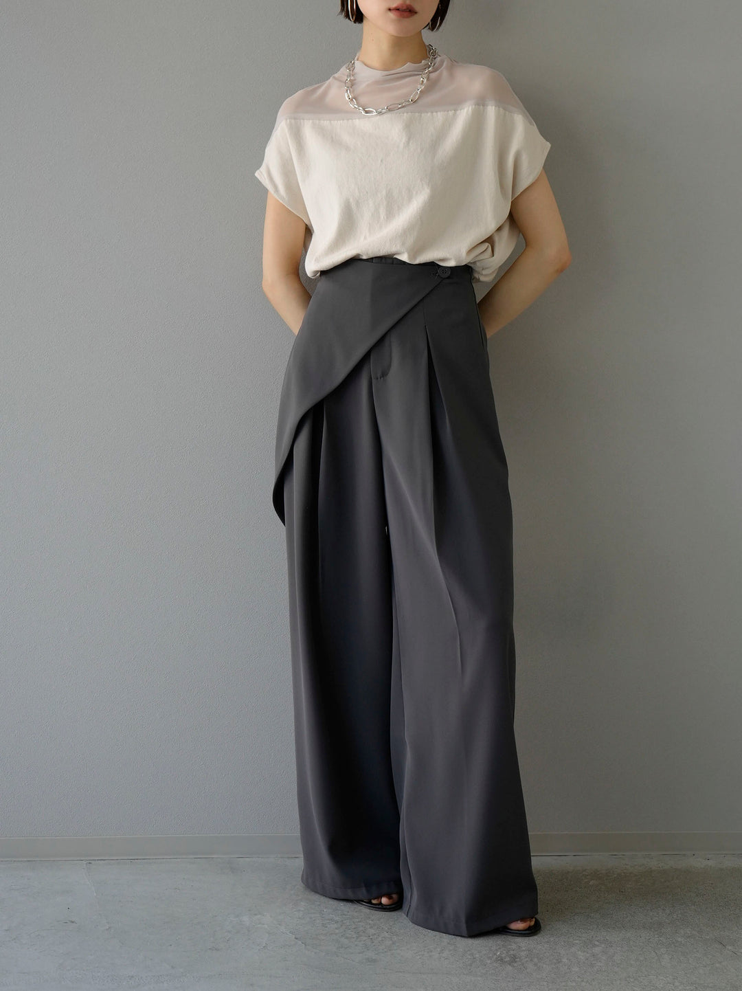 [Mix and match set] [SET] French sleeve sheer knit pullover + willow sheer mellow half sleeve top + wrap wide pants (3 sets)