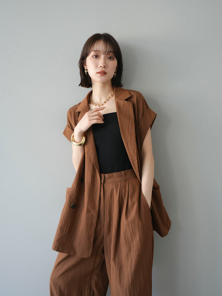 [套裝] 亞麻風格無袖雙背心 + 雙肩帶剪裁羅紋胸罩吊帶背心（2 件套）