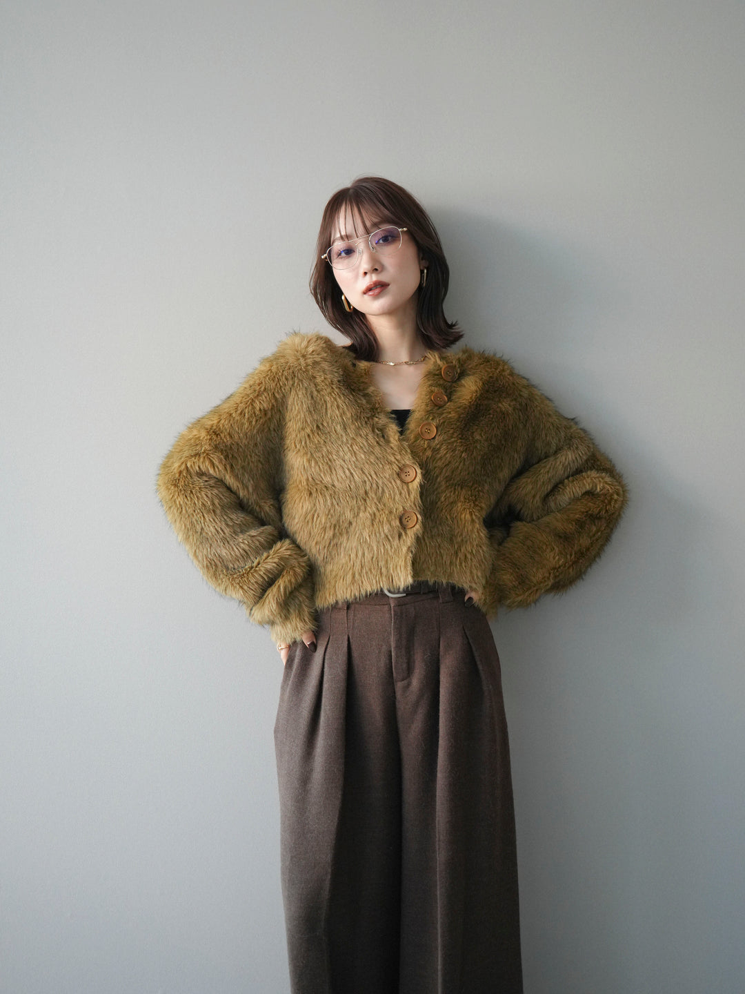 [予約]ミックスシャギーショートニットカーディガン/green