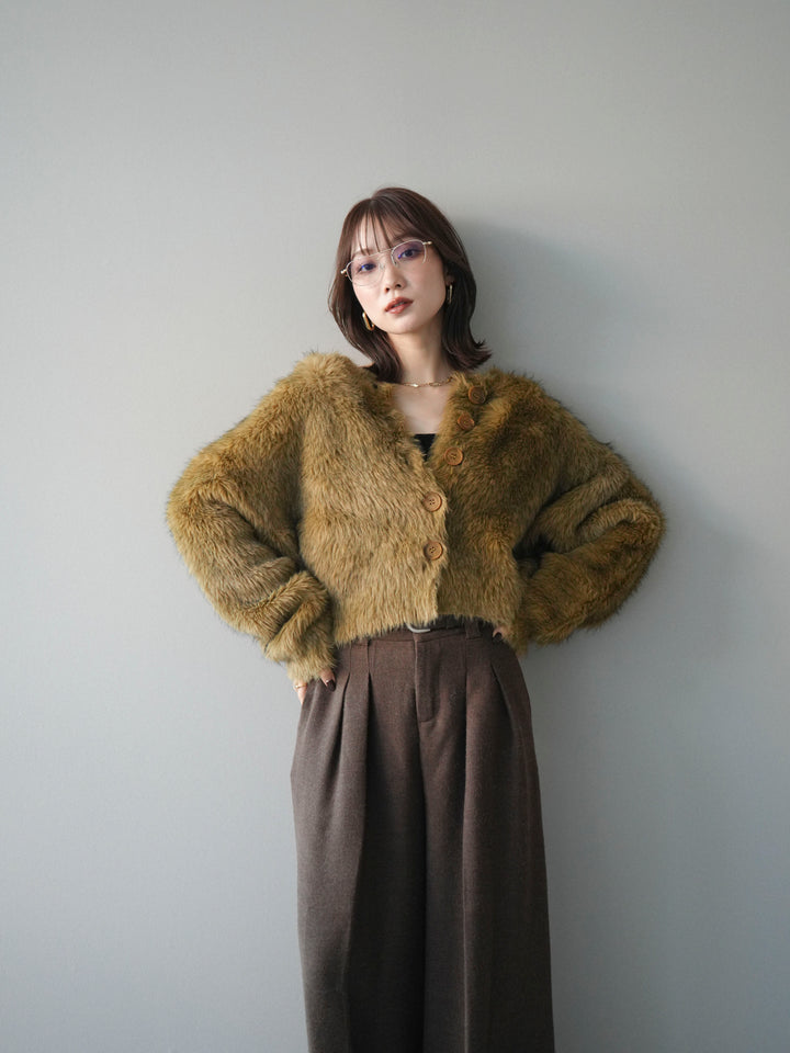 [予約]ミックスシャギーショートニットカーディガン/green