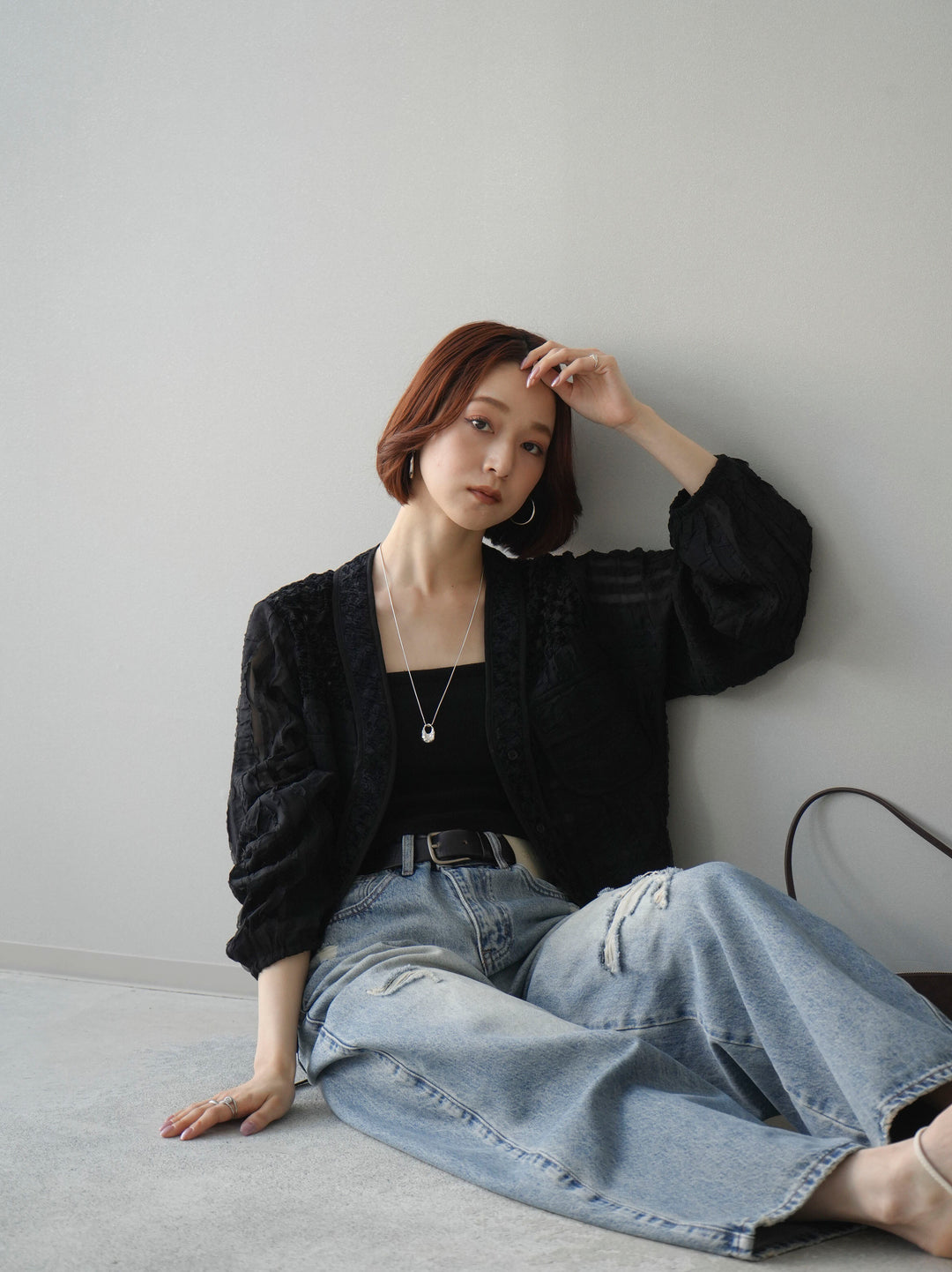 [SET]パッチワークシアーフリルブルゾン+ダメージデニムセミワイドパンツ(2set)