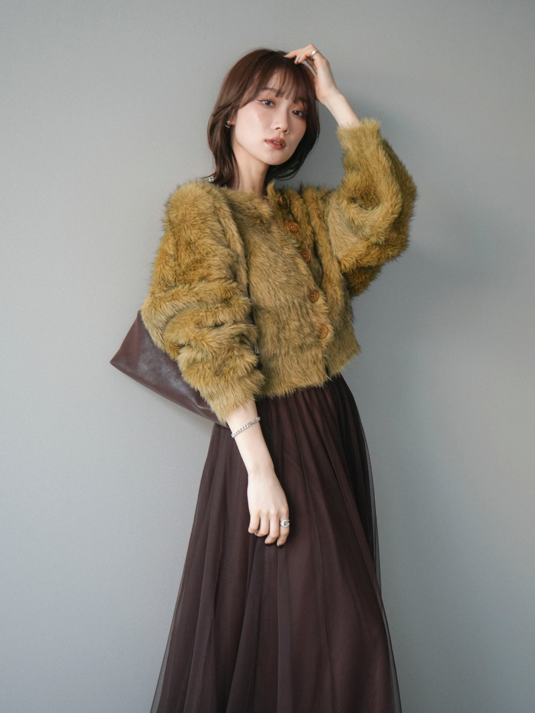 [予約]ミックスシャギーショートニットカーディガン/green