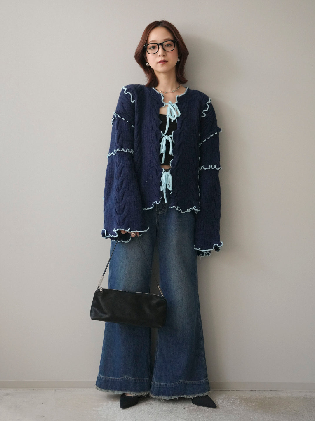 [SET]フロントリボン配色メローニットカーディガン+裏起毛裾フリンジワイドデニムパンツ(2set)