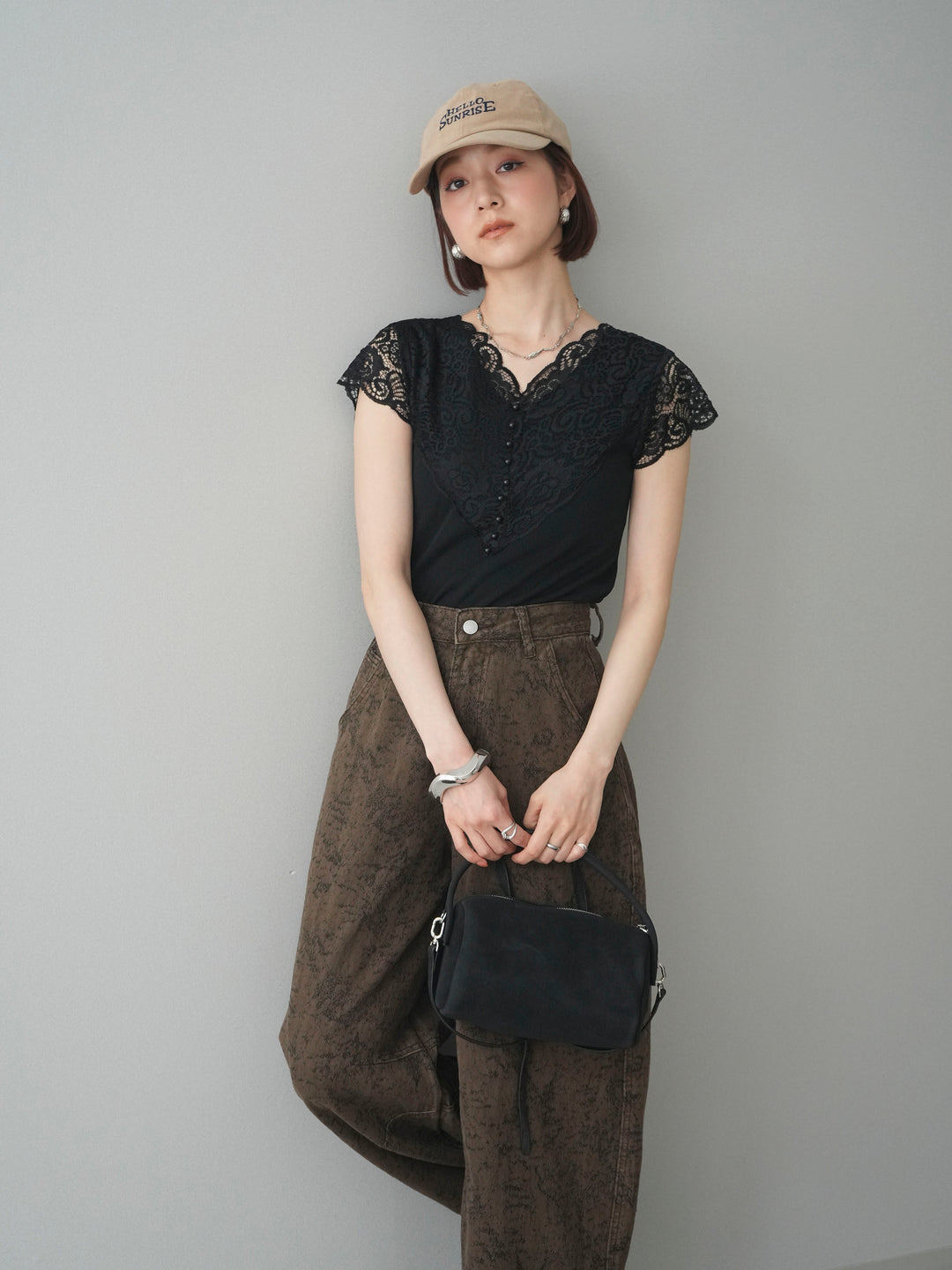 [SET]パールボタンレース切替ニットトップス+ジャガードカーブデニムパンツ(2set)