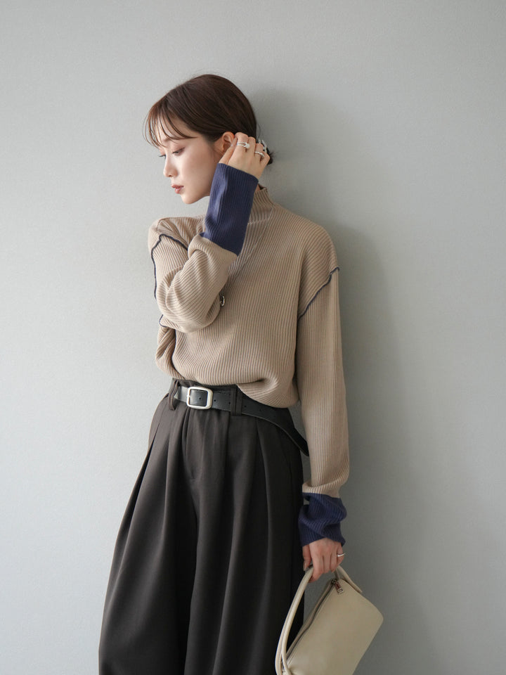 [予約]ボトルネック配色リブニットプルオーバー/ベージュ×アイアンブルー