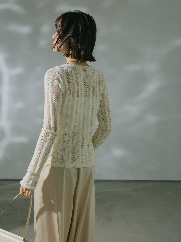 【Allure】[SET]透かし編みニットカーディガントップス+ワッシャーサテンタックジョガーパンツ(2set)