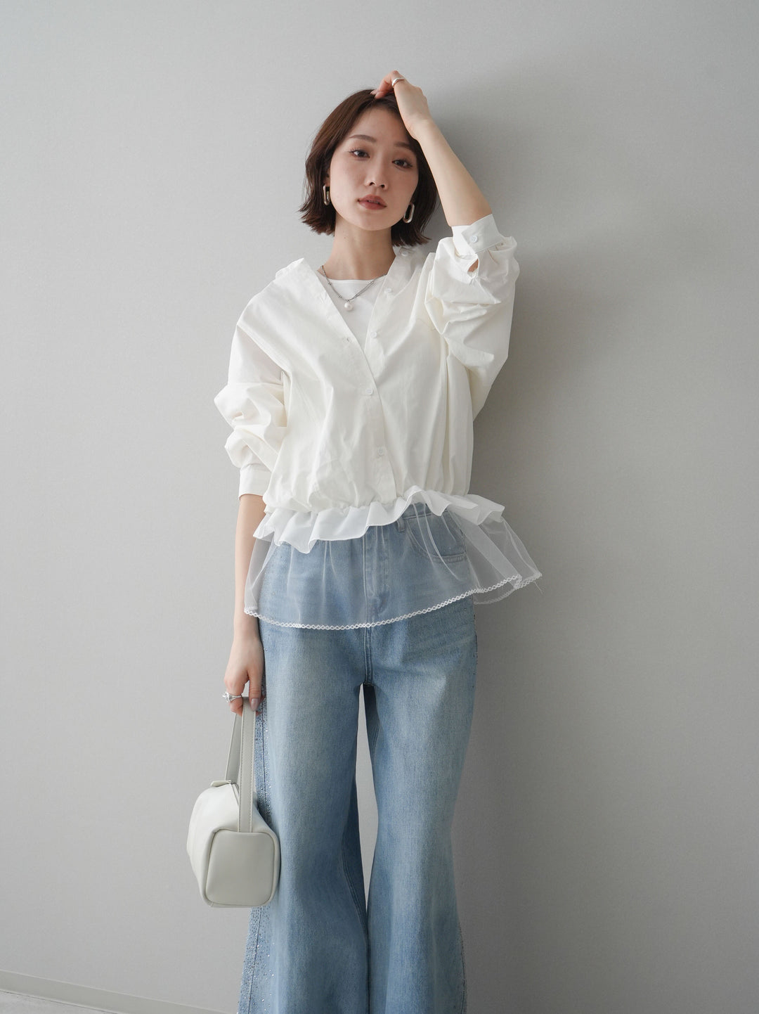 [予約]裾チュールノースリーブカットソー＆シャツドッキングトップス/white