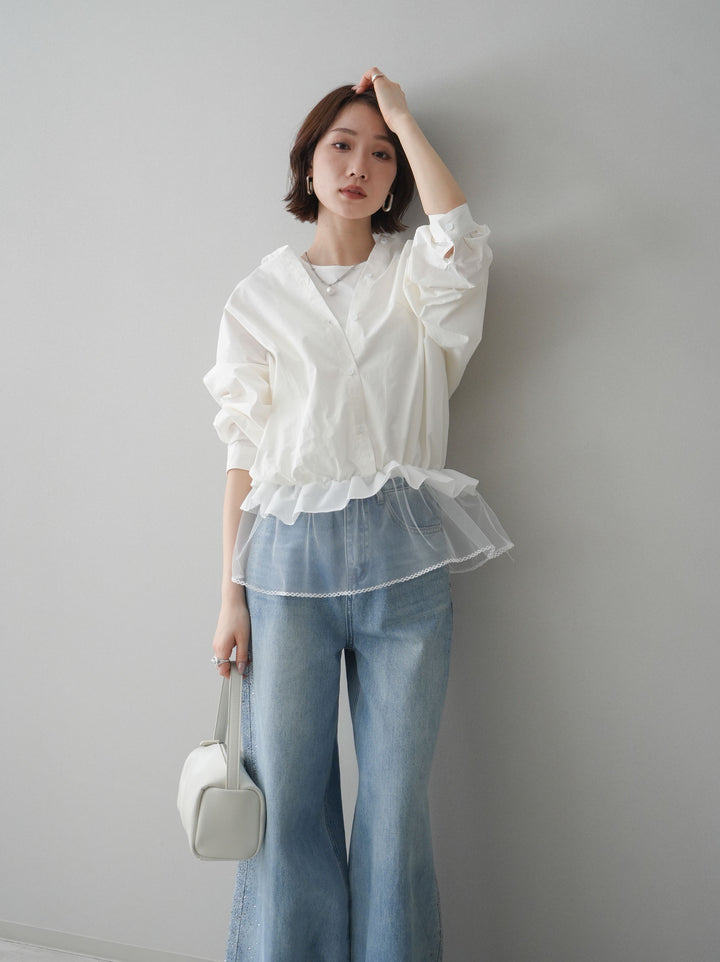 [予約]裾チュールノースリーブカットソー＆シャツドッキングトップス/white