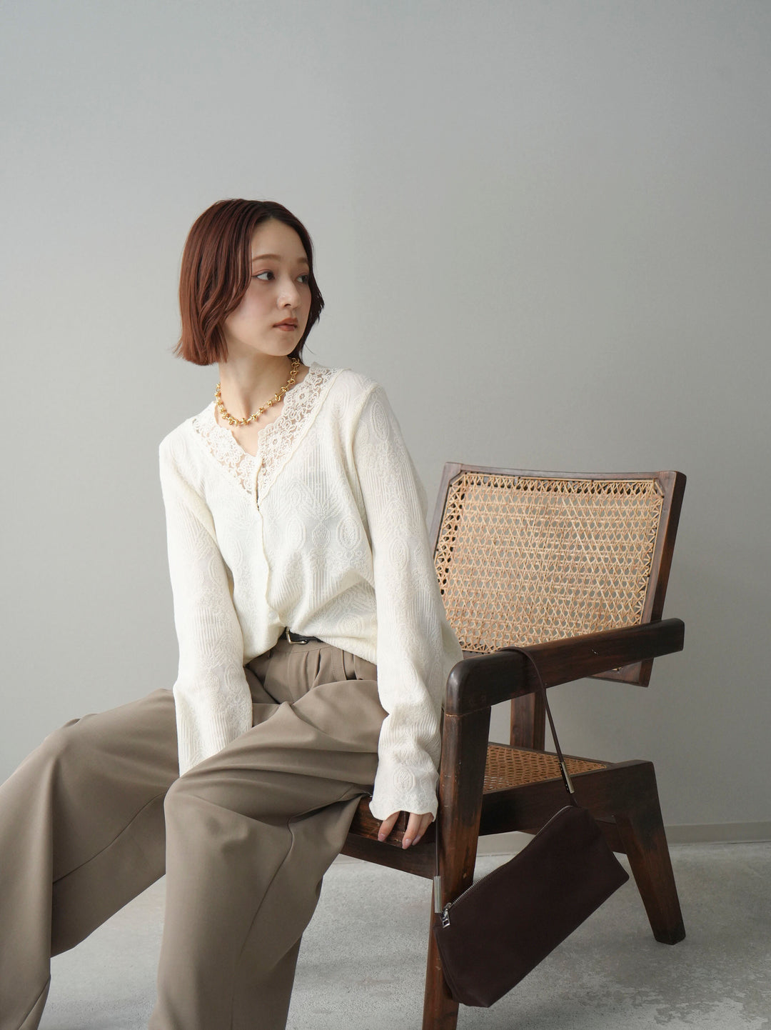 [SET]レースネックジャガードニットカーディガン+ベルト付キーホルダーモチーフワイドパンツ(2set)