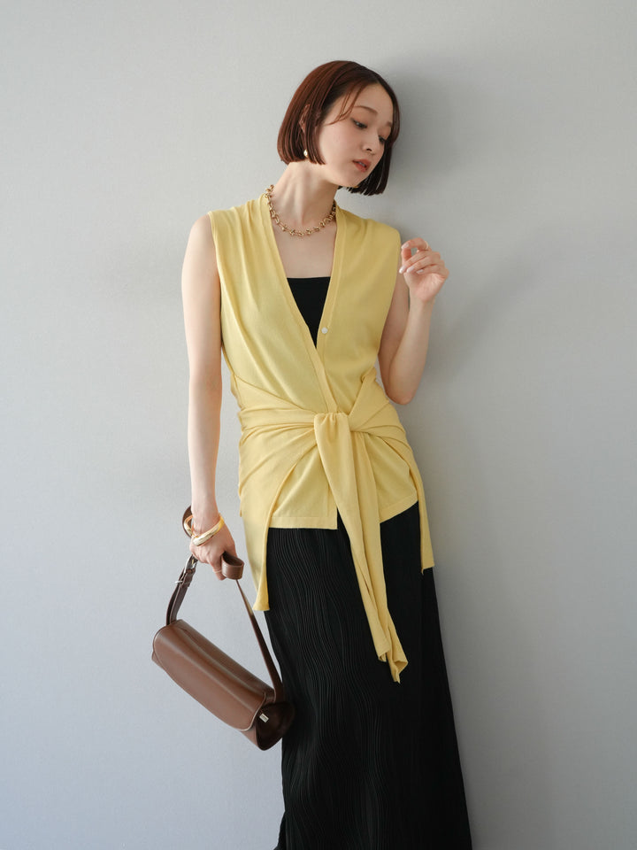 [SET]腰巻きデザインノースリーブニットカーディガン+ウェーブパイピングタイトスカート(2set)